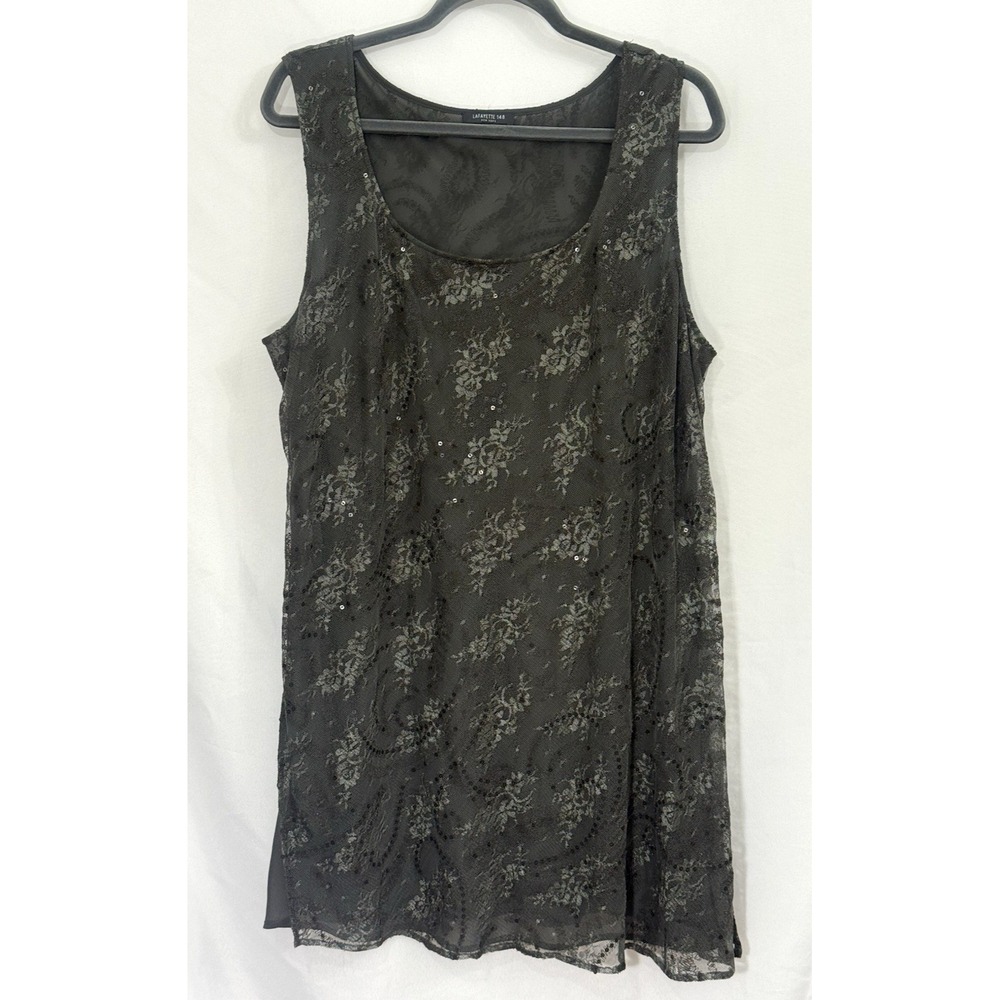 LAFAYETTE 148 NEW YORK Gray Mesh Lace Sequin Sleeveless Semi Sheer Top Womens XL